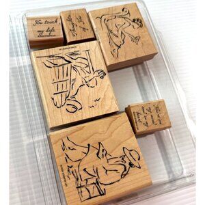Vtg Stampin Up 2003 Wooden Rubber Stamps Set "Sketches" women/beach/book/bird